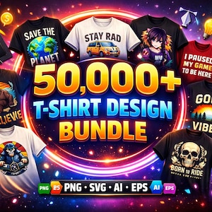 Op de afbeelding: Een promotieafbeelding met een t-shirt design bundel. De afbeelding toont verschillende t-shirts met grafische ontwerpen, waaronder teksten als "Save the Planet", "Stay Rad" en "Good Vibes". De tekst "50.000+ T-SHIRT DESIGN BUNDLE" is prominent aanwezig.