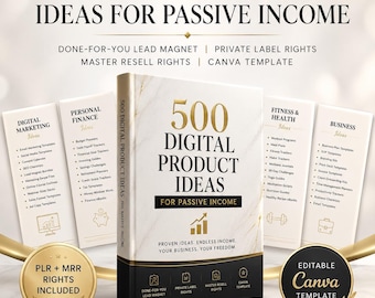 500 ideas de productos digitales: plantillas listas para usar / MRR + PLR en Canva