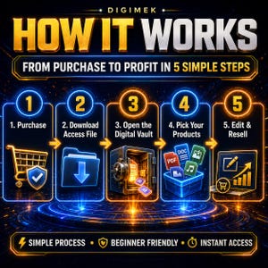 May include: A digital infographic titled HOW IT WORKS FROM PURCHASE TO PROFIT IN 5 SIMPLE STEPS by DIGIMEK. It displays five numbered steps: 1. Purchase with a shopping cart, 2. Download Access File, 3. Open the Digital Vault, 4. Pick Your Products, and 5. Edit & Resell with a laptop. Bottom text reads SIMPLE PROCESS, BEGINNER FRIENDLY, INSTANT ACCESS.