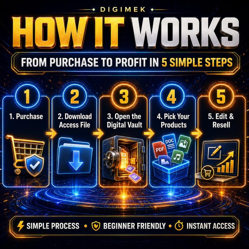 May include: A digital infographic titled HOW IT WORKS FROM PURCHASE TO PROFIT IN 5 SIMPLE STEPS by DIGIMEK. It displays five numbered steps: 1. Purchase with a shopping cart, 2. Download Access File, 3. Open the Digital Vault, 4. Pick Your Products, and 5. Edit & Resell with a laptop. Bottom text reads SIMPLE PROCESS, BEGINNER FRIENDLY, INSTANT ACCESS.