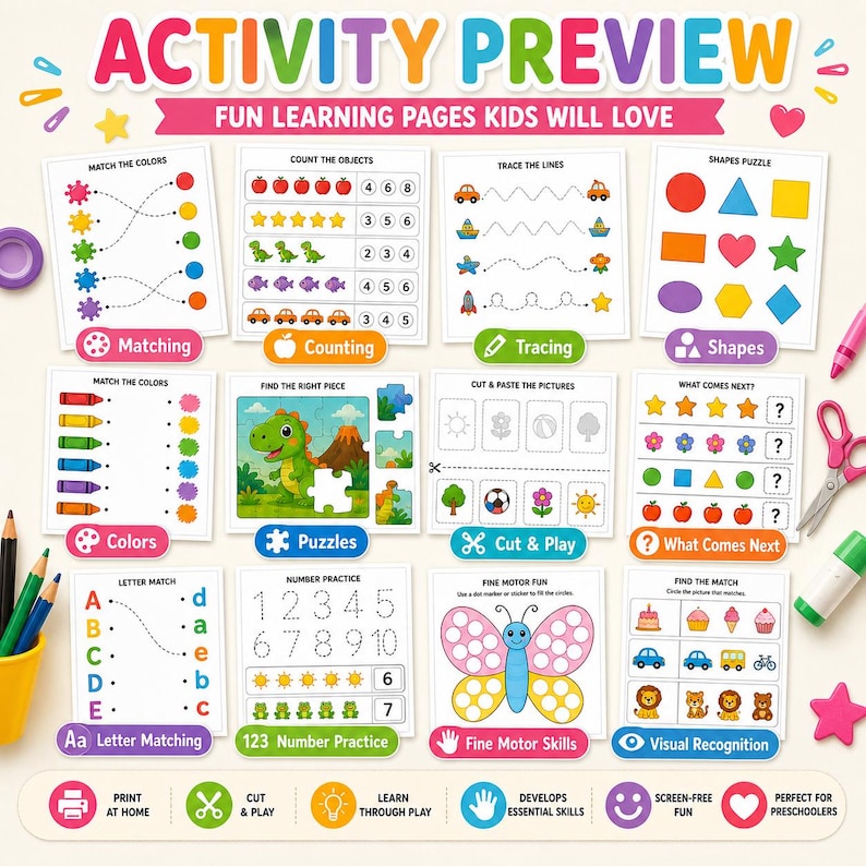 May include: A collection of educational activity sheets for children featuring tasks like matching colors, counting objects, tracing lines, shape puzzles, letter matching, number practice, and fine motor skill exercises with colorful illustrations.