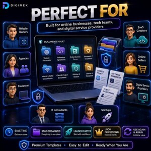 May include: A digital marketing graphic for Digimek featuring a laptop displaying a Documents Vault interface with various file folders, surrounded by icons of people and text labels like Website Owners, Agencies, and SaaS Creators on a dark background.