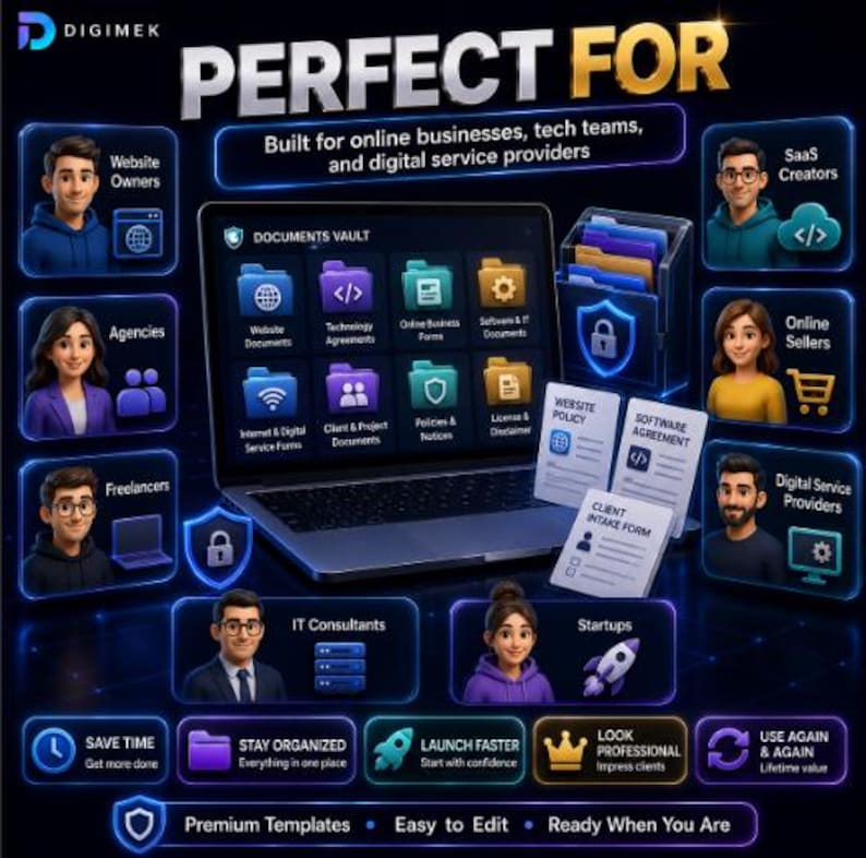 May include: A digital marketing graphic for Digimek featuring a laptop displaying a Documents Vault interface with various file folders, surrounded by icons of people and text labels like Website Owners, Agencies, and SaaS Creators on a dark background.