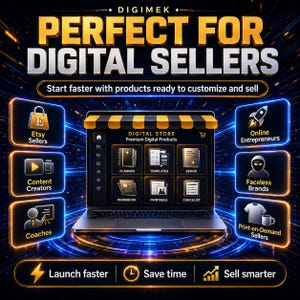 May include: A digital graphic featuring a laptop displaying a digital store interface with icons for planners, templates, ebooks, workbooks, printables, and checklists. Text includes DIGIMEK, PERFECT FOR DIGITAL SELLERS, and various business categories.