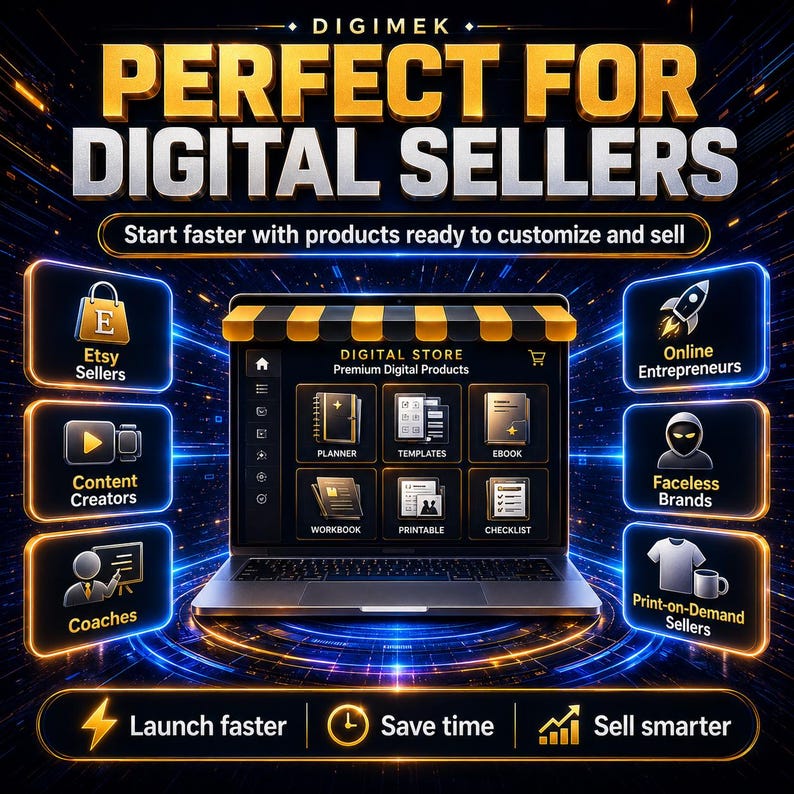 May include: A digital graphic featuring a laptop displaying a digital store interface with icons for planners, templates, ebooks, workbooks, printables, and checklists. Text includes DIGIMEK, PERFECT FOR DIGITAL SELLERS, and various business categories.