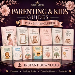 Può includere: Una collezione di guide digitali per genitori e bambini con titoli come Pregnancy Planner, Baby Memory Book e ADHD Planner. Le copertine sono decorate con delicati accenti floreali rosa e illustrazioni su uno sfondo scuro.