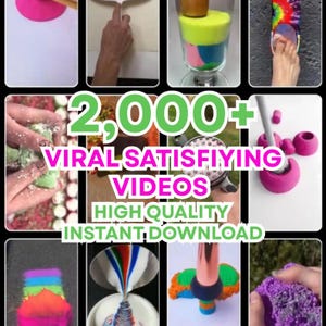 May include: A collage of images showcasing various sensory activities. The images include colorful sand art, kinetic sand manipulation, and other visually appealing textures. Text overlay reads "2,000+ Viral Satisfying Videos, High Quality, Instant Download."