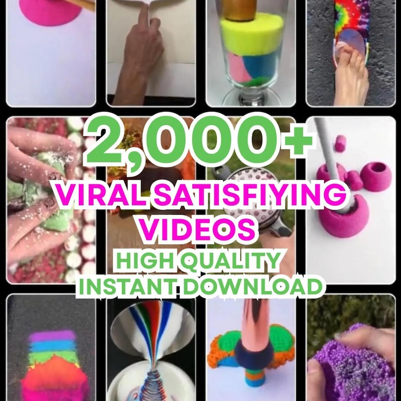 May include: A collage of images showcasing various sensory activities. The images include colorful sand art, kinetic sand manipulation, and other visually appealing textures. Text overlay reads "2,000+ Viral Satisfying Videos, High Quality, Instant Download."