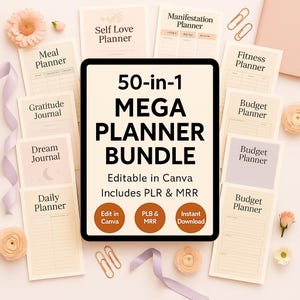 May include: A selection of beige planners, including "Self Love Planner" and "Budget Planner," encircles a tablet showing "50-in-1 MEGA PLANNER BUNDLE." The image features paperclips, flowers, and ribbons, creating an organised aesthetic.