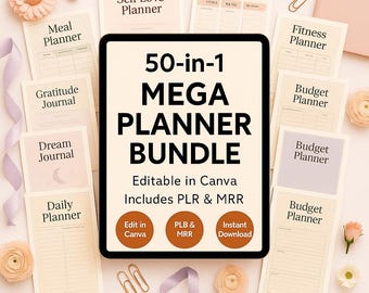 50 Editable Planner Templates: Canva Journals, Trackers, Calendars (PLR, MRR)