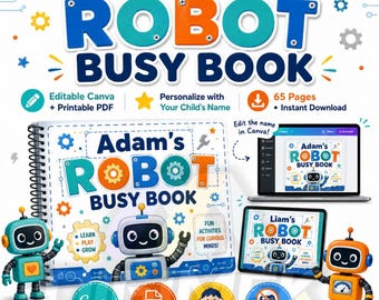 Robot Busy Book, Toddler Preschool Activity Binder, Editable Canva PDF