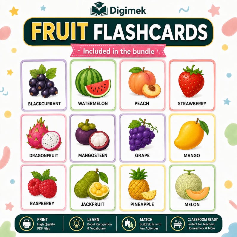 May include: A set of educational fruit flashcards by Digimek featuring twelve illustrations including blackcurrant, watermelon, peach, strawberry, dragonfruit, mangosteen, grape, mango, raspberry, jackfruit, pineapple, and melon with text labels.