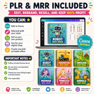 May include: A digital product listing featuring a laptop displaying a Robot Busy Book template in Canva. Below are six spiral-bound busy book covers with themes: Robot, Construction, Dinosaur, Mermaid, Princess, and Animals. Text includes PLR & MRR INCLUDED, EDIT, REBRAND, RESELL, AND KEEP 100% PROFIT, and YOU CAN.