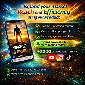Puede incluir: Anuncio digital de un producto, con un smartphone que muestra "WAKE UP & GRIND". El anuncio destaca beneficios como la creaci&oacute;n de contenido, reels virales y participaci&oacute;n. Se incluyen iconos de YouTube, Instagram y TikTok.