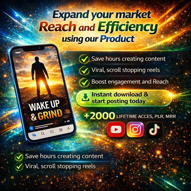 Puede incluir: Anuncio digital de un producto, con un smartphone que muestra "WAKE UP & GRIND". El anuncio destaca beneficios como la creaci&oacute;n de contenido, reels virales y participaci&oacute;n. Se incluyen iconos de YouTube, Instagram y TikTok.