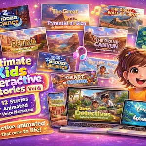 Puede incluir: Ilustración digital colorida que promociona "Ultimate Kids Interactive Stories Vol 4." Presenta una niña de dibujos animados sonriendo, computadoras portátiles, un teléfono inteligente y títulos de historias como "Dino Detectives". Historias animadas y narradas.