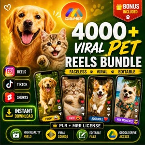 以下が含まれることがあります： ゴールデンレトリバーとキジトラの子猫が描かれた「4000+ Viral Pet Reels Bundle」というタイトルのデジタルマーケティングバンドル。画像にはInstagram、TikTok、YouTube Shortsのアイコンが含まれ、PLRおよびMRRライセンスが利用可能であることを示すテキストが記載されています。