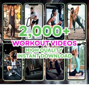 May include: An advertisement featuring eight smartphone screens displaying various workout exercises. The text overlay reads "2,000+ WORKOUT VIDEOS, HIGH QUALITY, INSTANT DOWNLOAD."