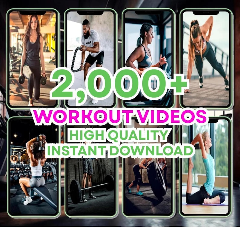 May include: An advertisement featuring eight smartphone screens displaying various workout exercises. The text overlay reads "2,000+ WORKOUT VIDEOS, HIGH QUALITY, INSTANT DOWNLOAD."