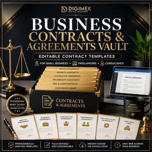Può includere: Una scatola nera etichettata CONTRACTS & AGREEMENTS contenente cartelle color oro con titoli come Service Agreements e NDA. Include un computer portatile, una bilancia della giustizia dorata, una tazza nera e sei modelli di contratto stampati.