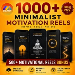 May include: A digital product bundle featuring 1000+ minimalist motivation reels with text overlays like Discipline Today Success Tomorrow, Mindset Is Everything, Calm Mind Strong Life, Success In Progress 85%, and Small Steps Every Day Big Results One Day.