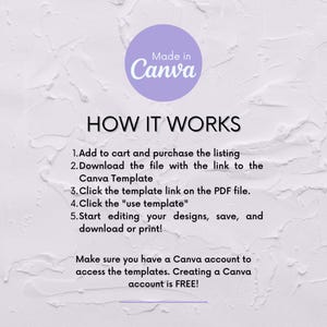 May include: A white textured background with the text "HOW IT WORKS" and instructions for using a Canva template. A purple circle with "Made in Canva" is in the upper left corner. Instructions include downloading, clicking links, and editing designs.