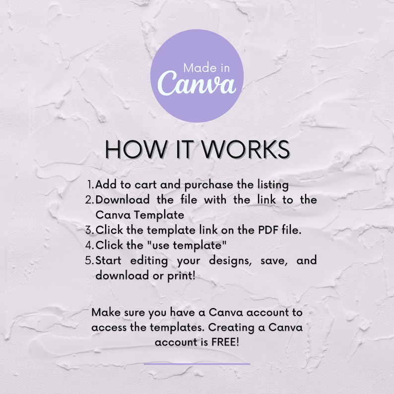 May include: A white textured background with the text "HOW IT WORKS" and instructions for using a Canva template. A purple circle with "Made in Canva" is in the upper left corner. Instructions include downloading, clicking links, and editing designs.