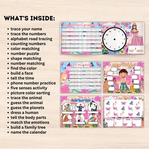 May include: Educational activity sheets for children, featuring tracing, number recognition, telling time, and matching games. The sheets include colorful illustrations of princesses, clocks, and butterflies, with text like "Trace These Numbers" and "Tell the Time."