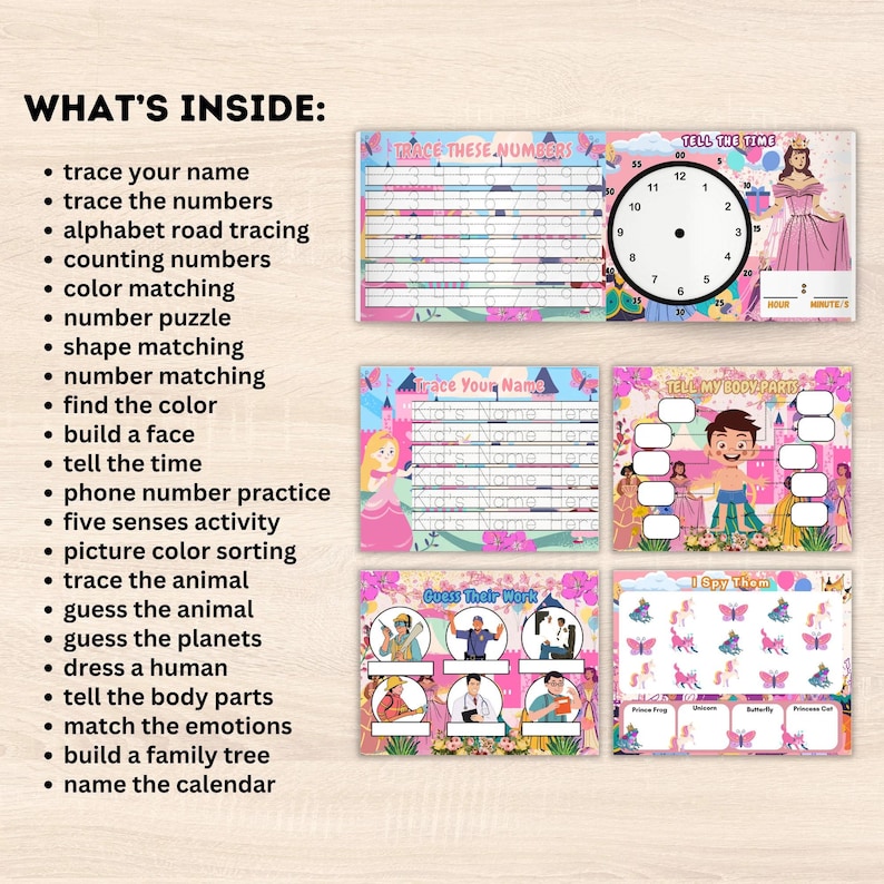 May include: Educational activity sheets for children, featuring tracing, number recognition, telling time, and matching games. The sheets include colorful illustrations of princesses, clocks, and butterflies, with text like "Trace These Numbers" and "Tell the Time."
