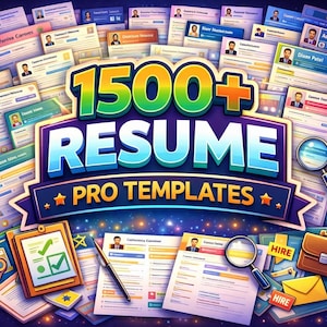 Puede incluir: Ilustración con numerosas plantillas de currículums y el texto "1500+ RESUME PRO TEMPLATES". La imagen incluye currículums, una lupa, un maletín y una carpeta con una marca de verificación.