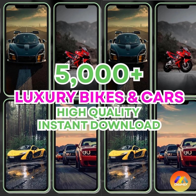 May include: An advertisement featuring images of luxury cars and motorcycles. The text reads "5,000+ LUXURY BIKES & CARS HIGH QUALITY INSTANT DOWNLOAD". The images are displayed on smartphone screens.