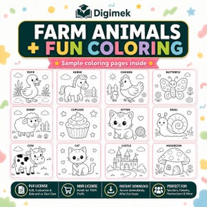 May include: A digital coloring book cover titled Digimek FARM ANIMALS + FUN COLORING with twelve black and white line art illustrations including a duck, horse, chicken, butterfly, sheep, cupcake, kitten, snail, cow, cat, castle, and mushroom.