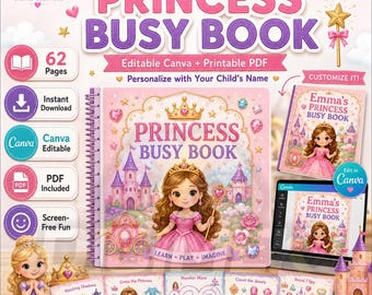 Princess Busy Book Printable, Editable Canva Toddler Activity, Personalized Kids Name Busy Binder, PDF
