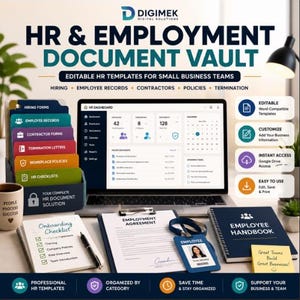 Puede incluir: Una bóveda digital de documentos de RR. HH. y empleo con una computadora portátil que muestra un panel de control, un organizador de archivos multicolor, una lista de verificación de incorporación, un contrato y un manual.