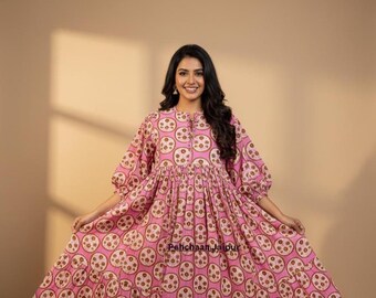 Floral Print Cotton Midi Dress: Deep Neck Summer Dress Lightweight Flowy for Warm Days
