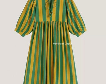 Green Striped Cotton Midi Dress | Bohemian Block Print
