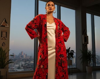 Handmade Velvet Kimono Robe: Floral Print Boho Duster Jacket