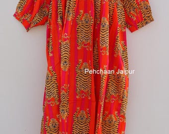 Striped Tiger Print Cotton Midi Dress with Pockets