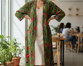 Vintage Velvet Kimono Robe: Handmade Indian Jungle Print Banyan