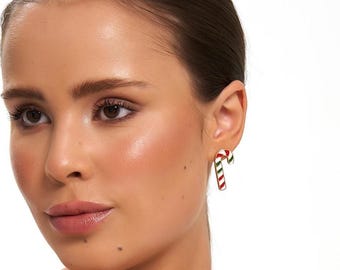 Handmade Enamel Candy Cane Stud Earrings: Christmas Brass Jewelry