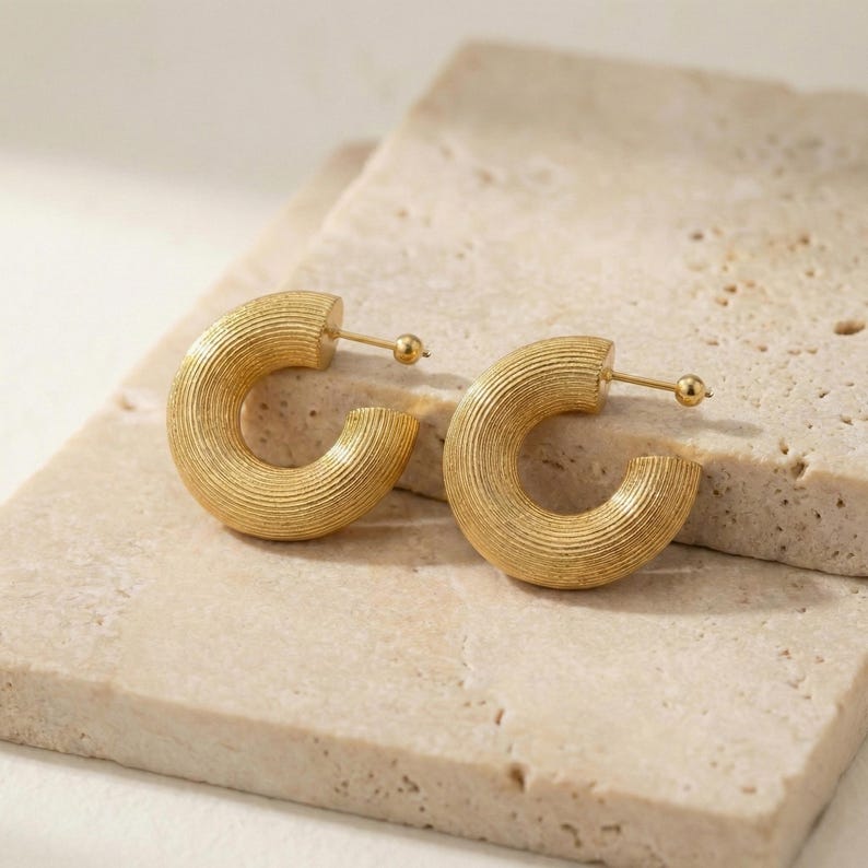 18K Gold Plated Hoop Earrings, Textured Hoops Earrings, Chunky Hoops, Statement Gold Earrings, Christmas Gift for Her, Anniversary Gift image 1