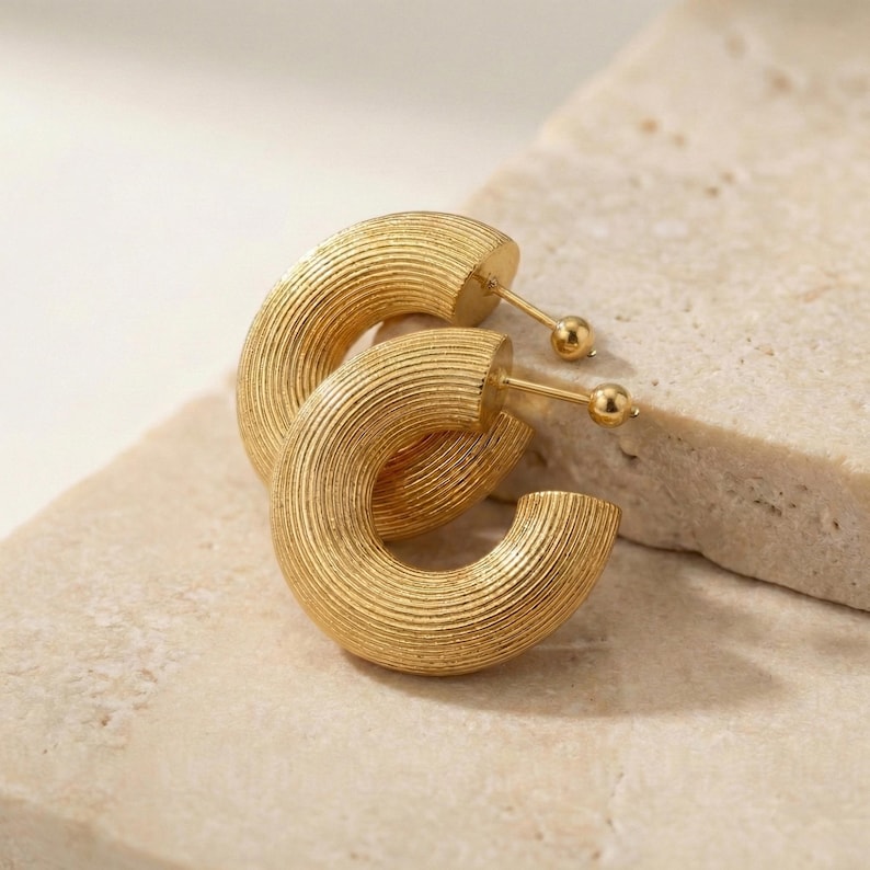 18K Gold Plated Hoop Earrings, Textured Hoops Earrings, Chunky Hoops, Statement Gold Earrings, Christmas Gift for Her, Anniversary Gift image 3