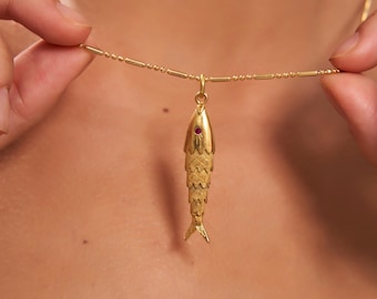 18K Gold Plated Blue Fish Pendant Necklace: Movable Charm, Gemstone Eye, Christmas Gift, Articulated Pendant, 18K Gold Plated  Pendant