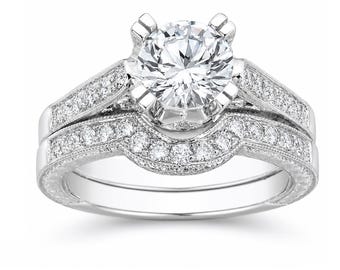 Vintage Moissanite Wedding Set, Art Deco Engagement Ring, Engraved Cathedral Ring, Argentium Sterling Silver Bridal Milgrain Set Curved Band