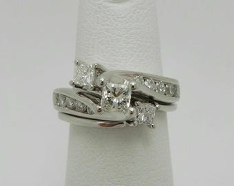 1850s Vintage 1.30 Ct Art Deco Princess Wedding Ring Set Sterling Silver Princess Diamond Ring Set Antique Bridal Set, Three Stone Ring Set