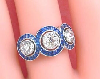 Antique Art Deco Sterling Silver Round Cut Moissanite Diamond and Sapphire Three Stone Ring