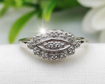 Vintage Ring 0.25 Ct. Round Diamond Princess Ring White Gold Halo Retro Princess Art Deco Antique 935 Argentium Silver Ring Mid Century Ring
