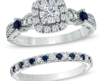 Vera Wang Love Collection Round Cut Diamond Engagement and Wedding Band Rings Vintage Style Bridal Ring Set, Blue Sapphire Ring