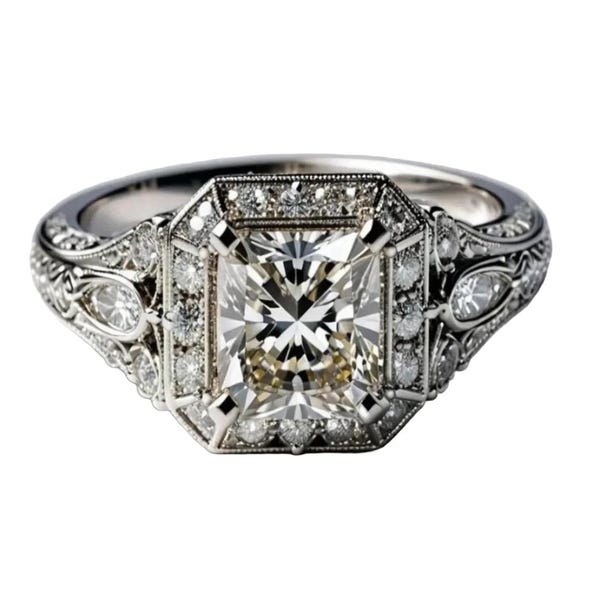 1890s Art Deco 2.5Ct Asscher Cut Diamond Vintage Engagement Ring, Edwardian Antique Ring in 935 Argentium Silver, Old European Bridal Ring