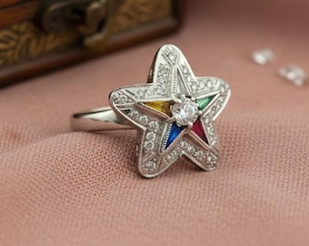 Vintage Eastern Star Ring, Antique Moissanite Diamond & Multi Gemstone Ring, Sterling Silver Ring